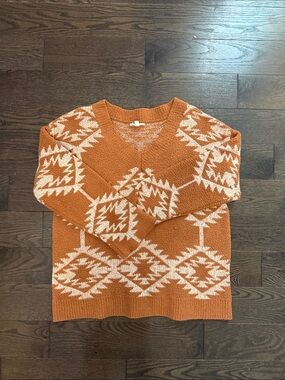 Vanilla Bay Rust and Cream V-Neck Geometric Sweater